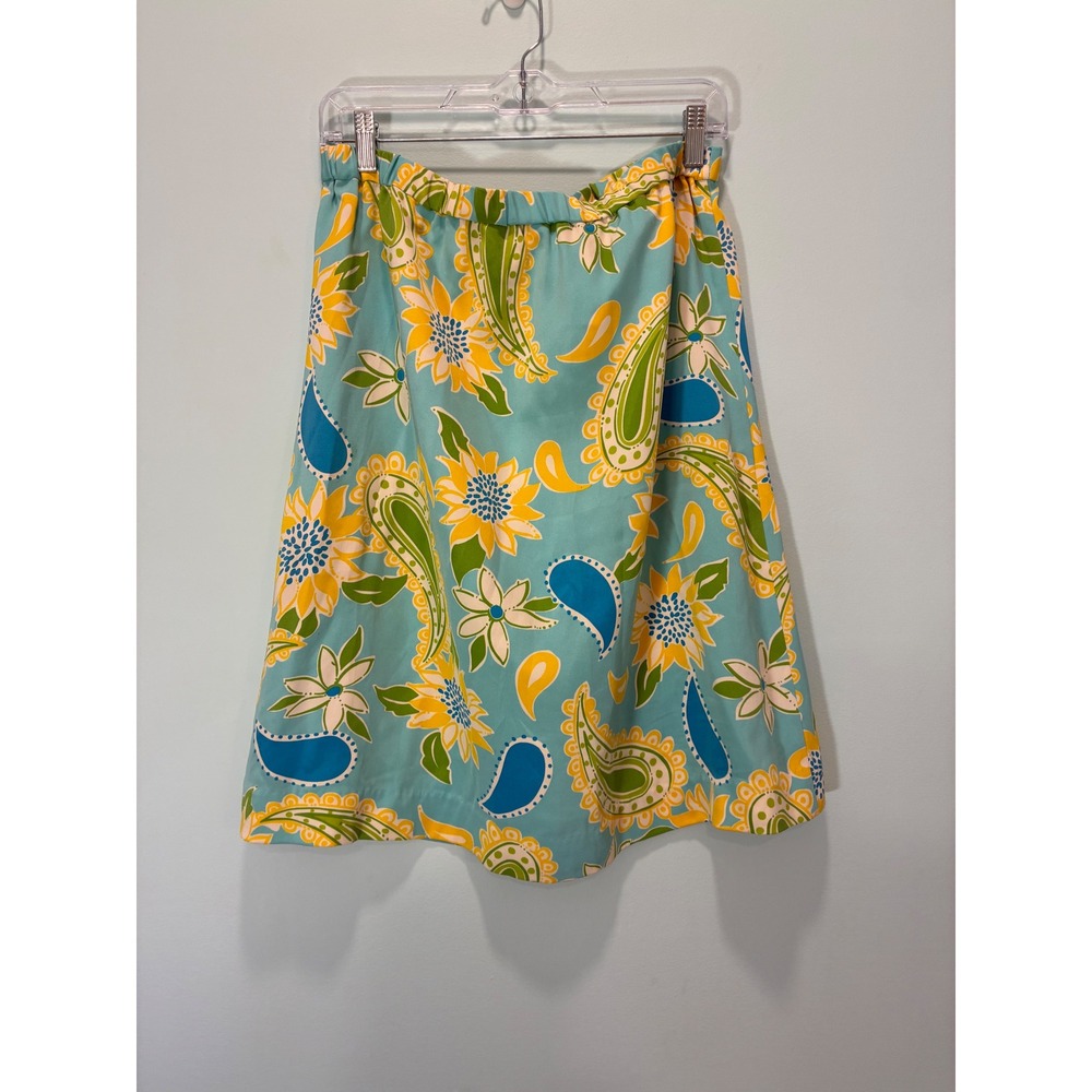 Vintage Lilly Pulitzer Silk Paisley Floral A-Line Skirt Turquoise Yellow Blue